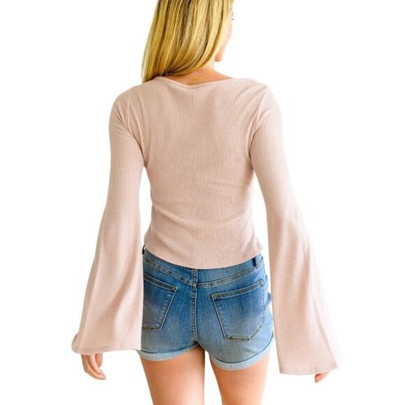 New Revolve N:Philanthropy Tan Distressed Bell Sleeve Top S - Picture 1 of 7